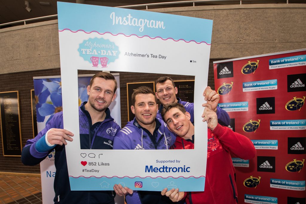 Dave Foley, CJ Stander, Robin Copeland and Ian Keatley helped host Munster's Alzheimer's Tea Day in UL.