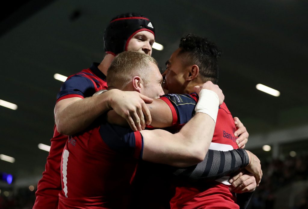 Francis Saili celebrates his try against Glasgow Warriors in January with Keith Earls and Tyler Bleyendaal.