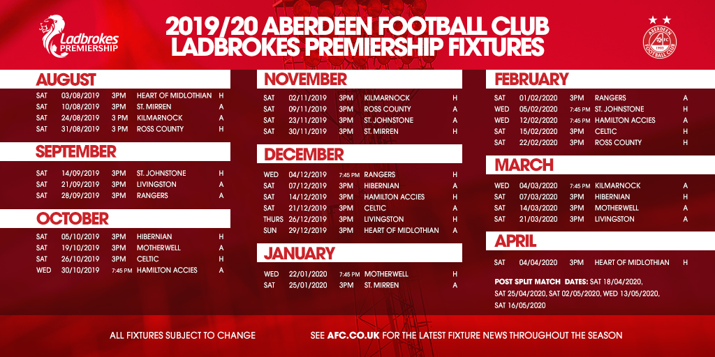 Aberdeen FC 2019/20 SPFL Fixtures Released