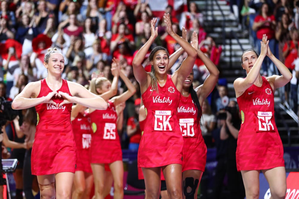 Vitality Roses celebrating at the Vitality Netball World Cup Vitality Roses celebrating at the Vitality Netball World Cup