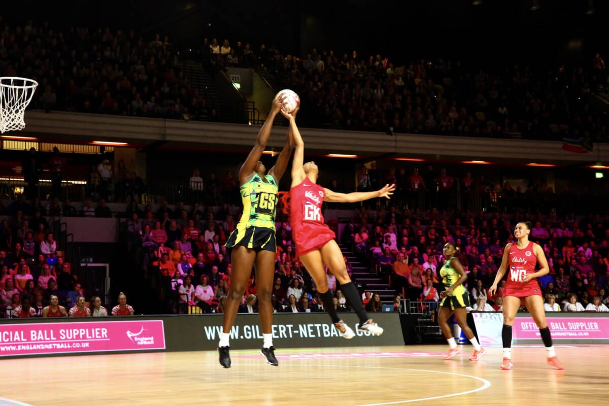 Stacey Shimmin leaps for the ball against Jamaica