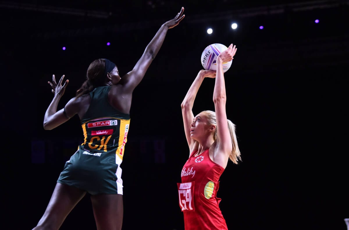 Helen Housby of the Vitality Roses facing South Africa at the Vitality Netball World Cup.