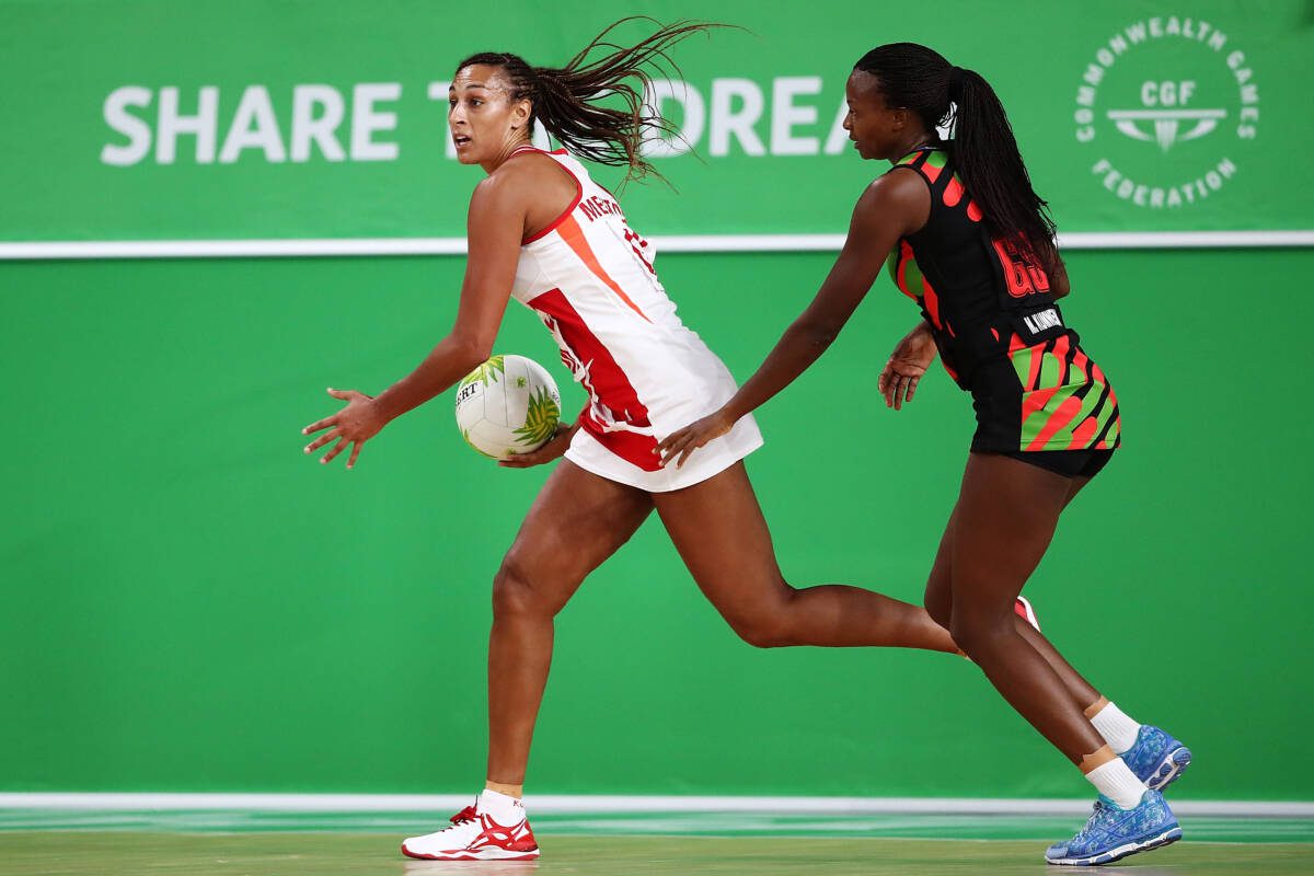 GOLD COAST, AUSTRALIA - APRIL 06: Geva Mentor England looks to pass the ball during the Netball Preliminary Round Pool B match between Malawi and England on day two of the Gold Coast 2018 Commonwealth Games at Gold Coast Convention and Exhibition Centre on April 6, 2018 on the Gold Coast, Australia. (Photo by Hannah Peters/Getty Images)