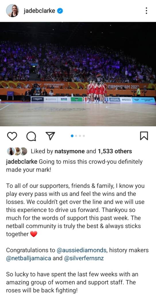 Jade Clarke thank you to fans on Instagram