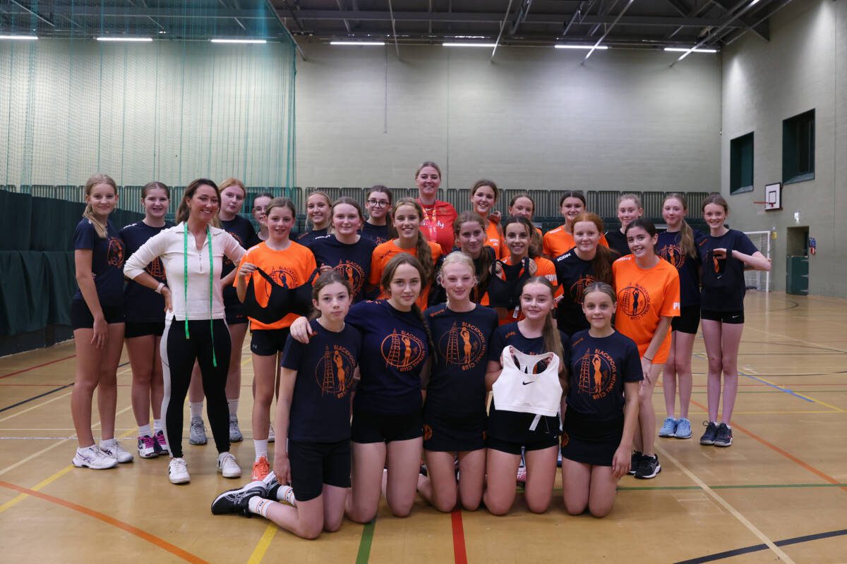 Eleanor Cardwell visits first netball club, Blackpool Netball Club, to promote sports bra fitting