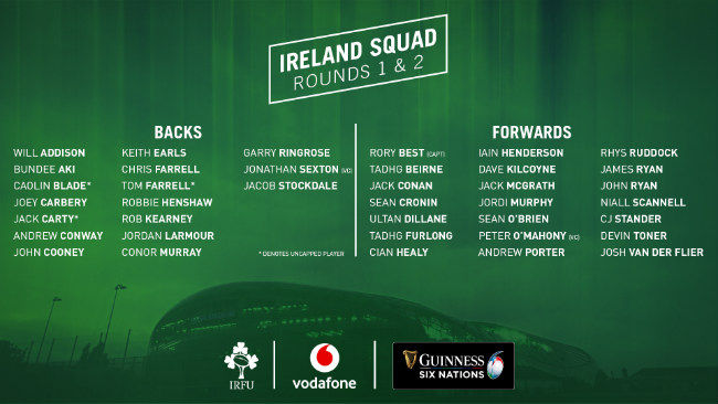 Ireland Squad Named For Opening Rounds Of Guinness Six Nations Ireland Squad Named For Opening Rounds Of Guinness Six Nations