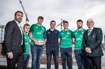 Ireland Rugby U20 World Championships Squad Announcement, PwC Head Offices, Dublin 15/5/2019 Pictured today (L-R) PwC Partner Paraic Joyce, Craig Casey, Charles Ryan, head coach Noel McNamara, Stewart Moore, Dylan Tierney-Martin and Tony OÕBeirne, IRFU Committee Mandatory Credit ©INPHO/Laszlo Geczo Ireland Rugby U20 World Championships Squad Announcement, PwC Head Offices, Dublin 15/5/2019 Pictured today (L-R) PwC Partner Paraic Joyce, Craig Casey, Charles Ryan, head coach Noel McNamara, Stewart Moore, Dylan Tierney-Martin and Tony OÕBeirne, IRFU Committee Mandatory Credit ©INPHO/Laszlo Geczo