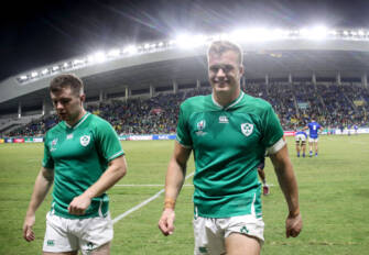 2019 Rugby World Cup Pool A, Fukuoka Hakatanomori Stadium, Fukuoka Prefecture, Fukuoka City 12/10/2019 Ireland vs Samoa Ireland's Luke McGrath and Josh Van der Flier celebrate after the game Mandatory Credit ©INPHO/Dan Sheridan 2019 Rugby World Cup Pool A, Fukuoka Hakatanomori Stadium, Fukuoka Prefecture, Fukuoka City 12/10/2019 Ireland vs Samoa Ireland's Luke McGrath and Josh Van der Flier celebrate after the game Mandatory Credit ©INPHO/Dan Sheridan