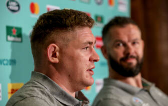 Ireland Rugby Press Conference, Fukuoka, Japan 13/10/2019 Tadhg Furlong and Defence coach Andy Farrell Mandatory Credit ©INPHO/Dan Sheridan Ireland Rugby Press Conference, Fukuoka, Japan 13/10/2019 Tadhg Furlong and Defence coach Andy Farrell Mandatory Credit ©INPHO/Dan Sheridan