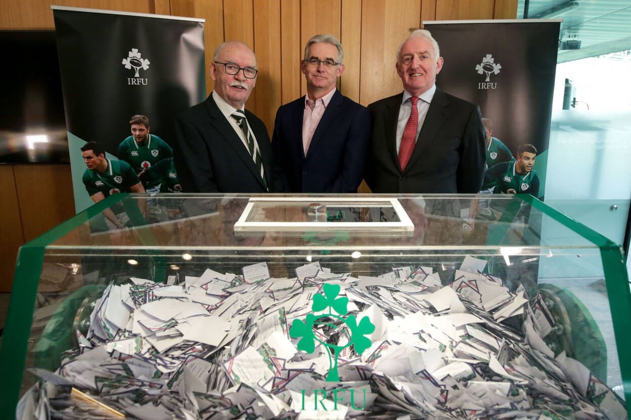 IRFU 'Your Club, Your Country' Grand Draw, Aviva Stadium, Dublin 2/12/2019 IRFU Senior Vice President Des Kavanagh, Energia Managing Director Gary Ryan and Grant Thornton Head of Assurance Aidan Connaughton Mandatory Credit ©INPHO/Laszlo Geczo