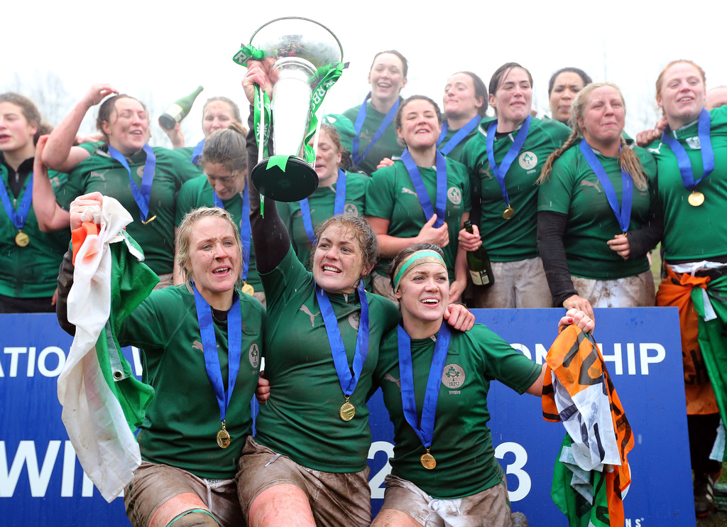 RBS Women's Six Nations Championship, Parabiago, Milan 17/3/2013 Italy Women vs Ireland Women Ireland's Joy Neville, Fiona Coghlan and Lynne Cantwell lift the cup Mandatory Credit ©INPHO/Dan Sheridan