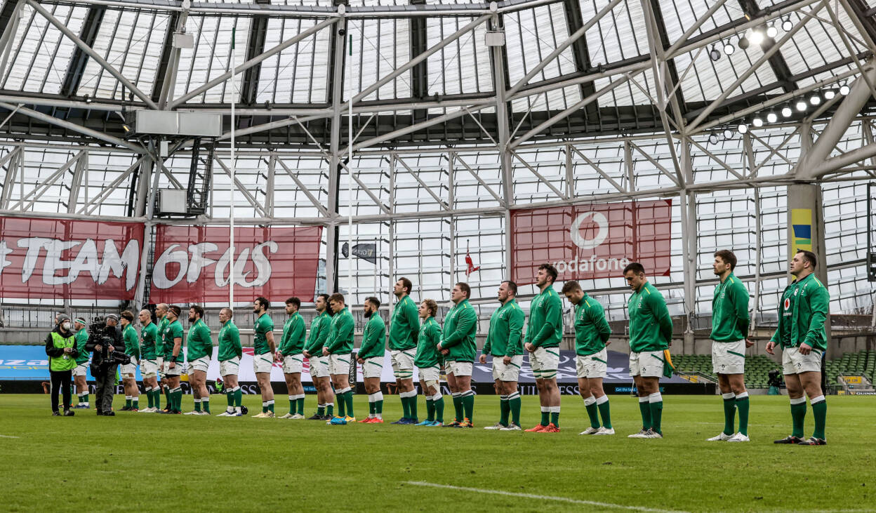 2021 Guinness Six Nations Championship Round 2, Aviva Stadium, Co. Dublin 14/2/2021 Ireland vs France The Ireland team during the national anthem Mandatory Credit ©INPHO/Dan Sheridan 2021 Guinness Six Nations Championship Round 2, Aviva Stadium, Co. Dublin 14/2/2021 Ireland vs France The Ireland team during the national anthem Mandatory Credit ©INPHO/Dan Sheridan