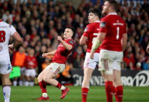 Rory Scannell kicks a dropgoal to hand Munster a hard fought victory away to Ulster. The win saw Munster go three games without defeat in Belfast for the first time since the Second World War. ©INPHO/Dan Sheridan