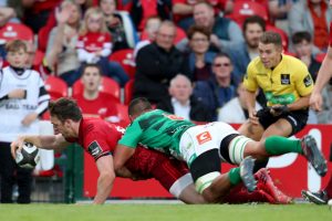 Whetu Douglas cannot stop Darren Sweetnam from scoring a try.