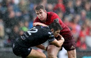 Chris Farrell is tackled by James Hook.