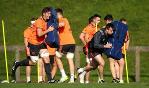 Mark Flanagan and Niall Scannell hit the tackle bags.