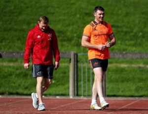 Keith Earls and Peter O'Mahony at Munster training in UL.