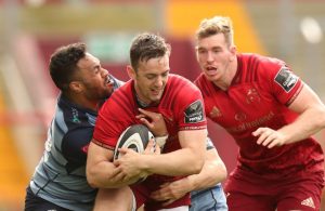 Darren Sweetnam and Chris Farrell in action against Cardiff Blues. Both players have been included in the Ireland squad.