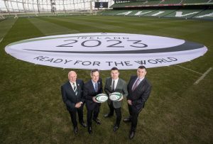 Stephen Hilditch, IRFU President, Dick Spring, Chairman of Ireland's RWC 2023 Bid Oversight Board, Brian O'Driscoll Bid Ambassador and Philip Browne, CEO of the IRFU.