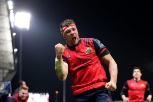 Peter O’Mahony celebrates scoring a try in Thomond Park.