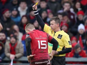 Andrew Conway is shown a yellow card by referee Nigel Owens Mandatory Credit ©INPHO/Billy Stickland