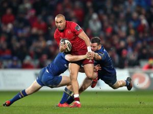Simon Zebo is stopped by the double hit Mandatory Credit ©INPHO/Billy Stickland