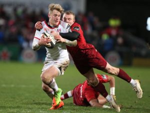 Ulster's Rob Lyttle tackled by Keith Earls