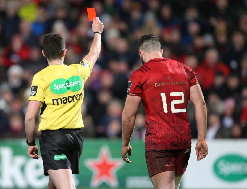 Munster's Sammy Arnold receives a red card from Referee Sean Gallagher