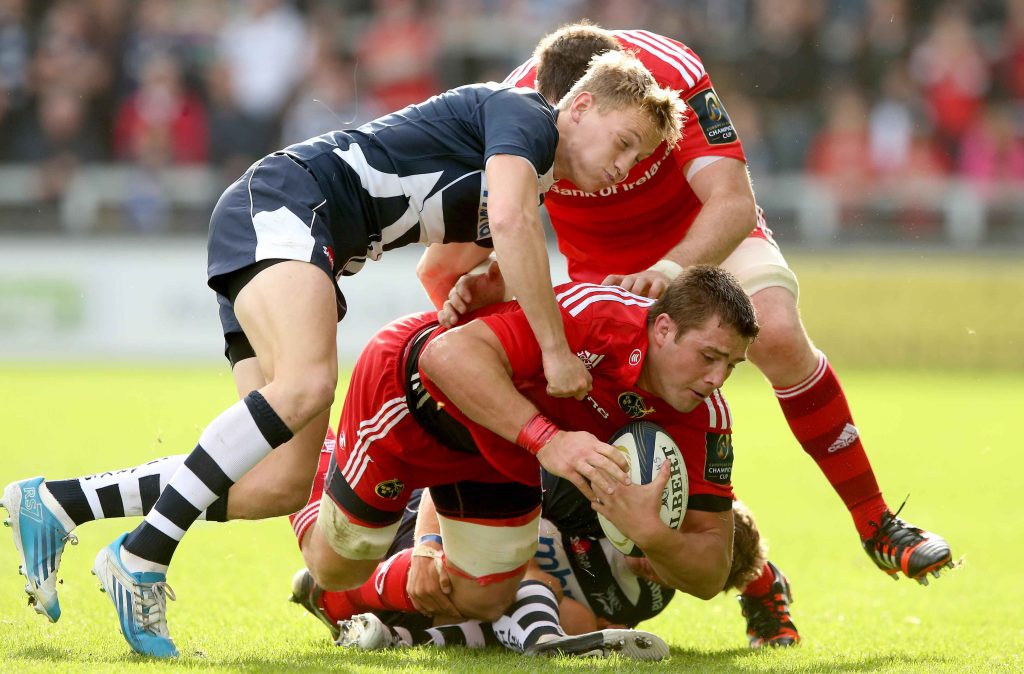 Mike Haley of Sale Sharks in action against Munster in October '14 at the AJ Bell Stadium.