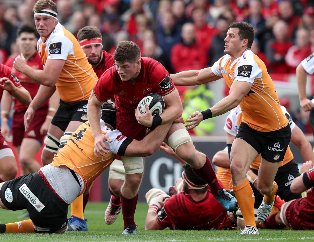 Jack O’Donoghue is tackled by Toyota Cheetah’s Rynier Bernardo