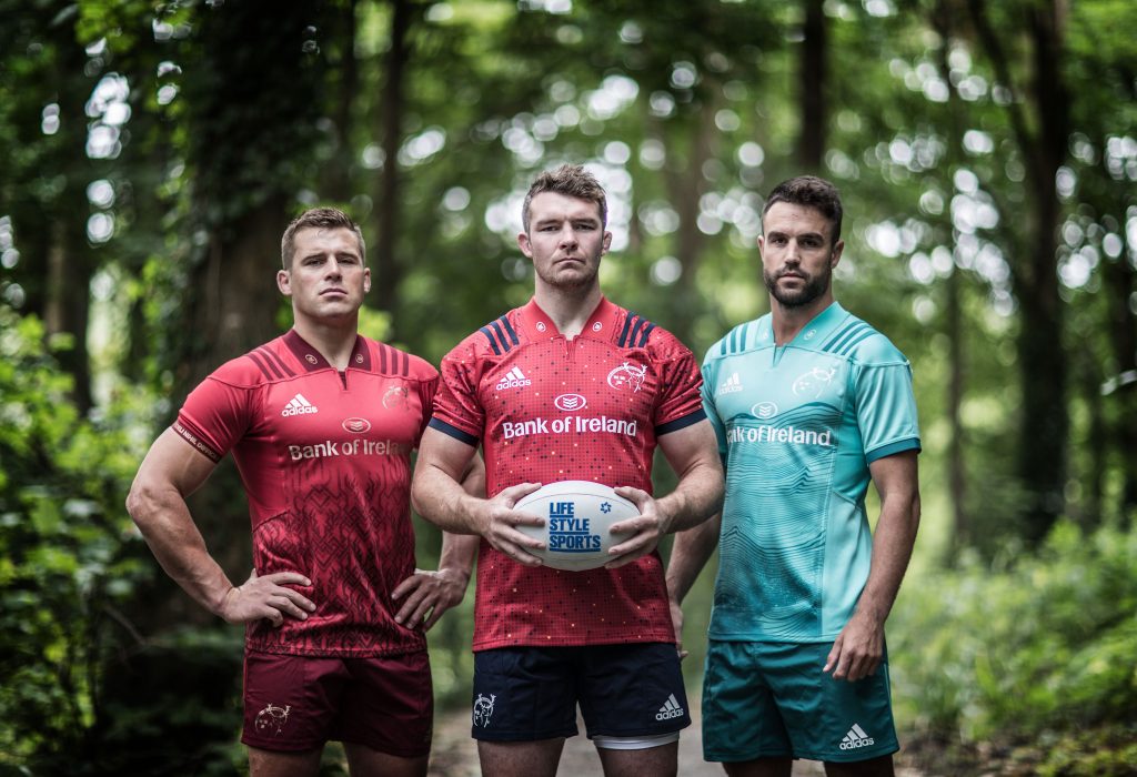 CJ Stander in the Munster home kit, Peter O'Mahony in the new European kit and Conor Murray in the new Alternate kit.