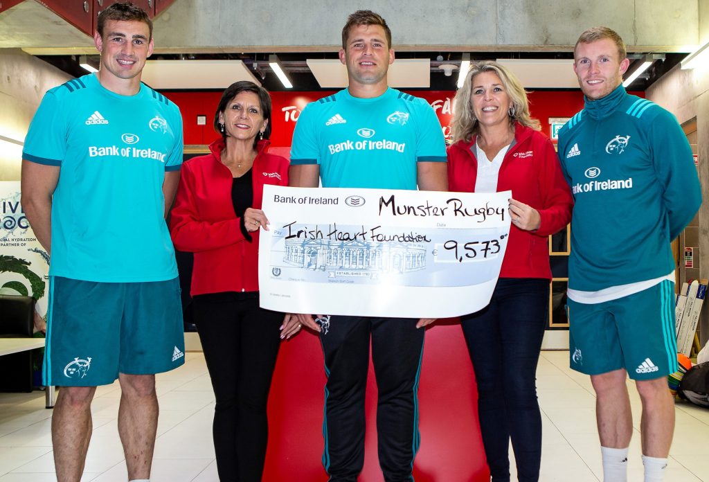 Tommy O’Donnell, CJ Stander and Keith Earls with Nancy Ward and Anne Riordan of the Irish Heart Foundation.