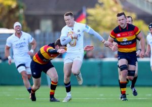 Cork Con's Jason Higgins on the attack against Lansdowne