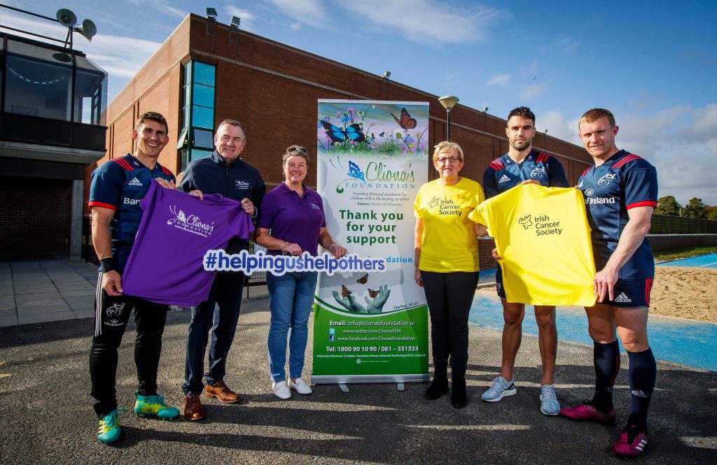 Ian Keatley, Conor Murray and Keith Earls joined Cliona’s Foundations Co-Founders Brendan and Terry Ring and the Irish Cancer Society’s Night Nurse Eily Mullane to launch the partnership at Munster’s training base at the University of Limerick.