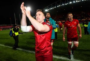 Rory Scannell applauds the supporters after the match.
