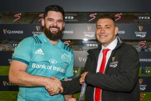 Munster's Kevin O'Byrne is presented with the Guinness PRO14 Man of the Match award by Fervavdo Leidiq.