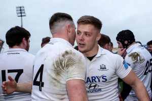 Cork Constitution's Sean French celebrates with Liam O’Connell