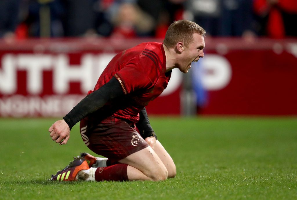 Keith Earls celebrates after scoring against Leinster.