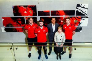 Regina Moran, Vodafone Ireland Enterprise Director, Doug Howlett, Munster Rugby Head of Commercial and Marketing, and Tyler Bleyendaal, Sammy Arnold and Arno Botha.