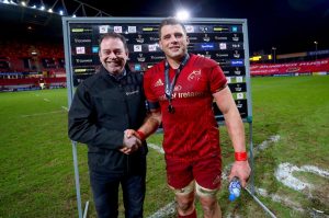 CJ Stander is presented with the Man of the Match award.