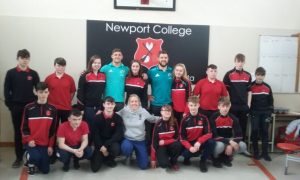 Munster's Rhys Marshall, Dan Goggin and Joy Neville with Newport College students.