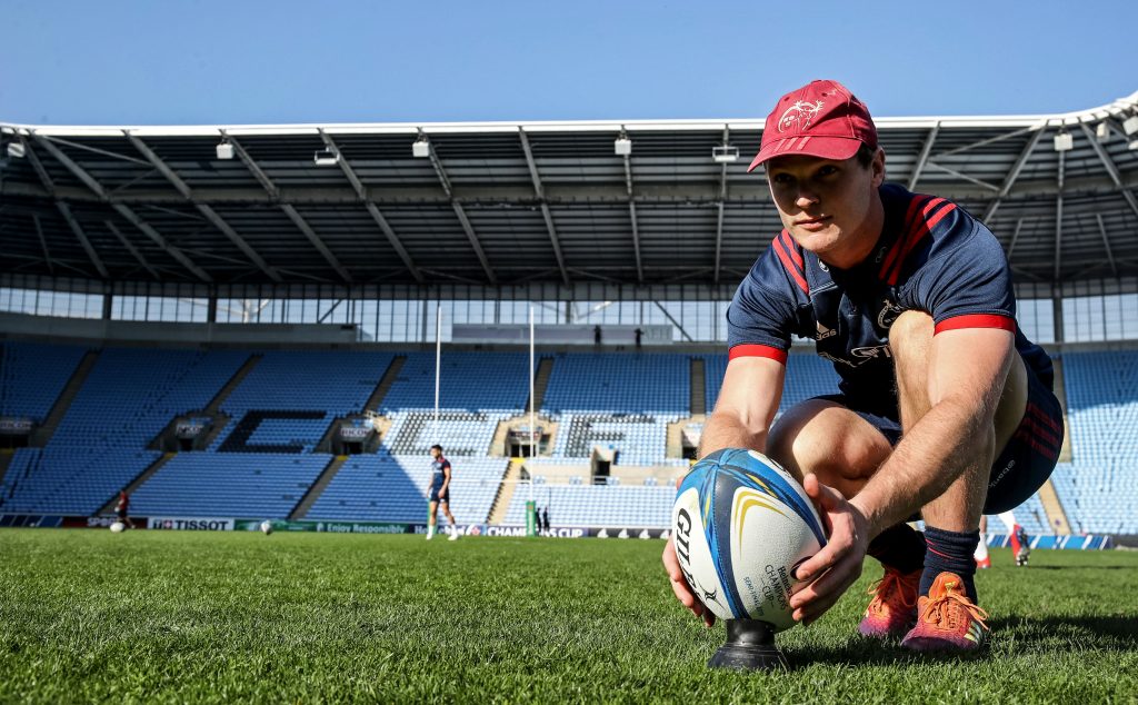 Tyler Bleyendaal practices kicking at the Ricoh Arena.