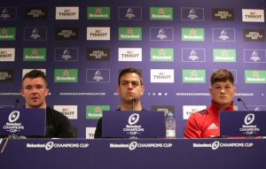 Peter O'Mahony, Johann van Graan and Jack O'Donoghue at the post-match press conference.