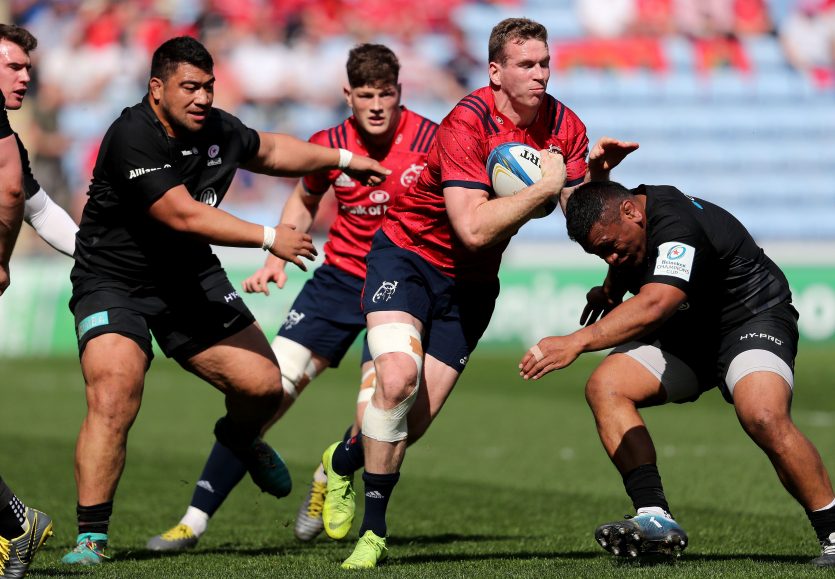 Chris Farrell is tackled by Mako Vunipola. Chris Farrell is tackled by Mako Vunipola.