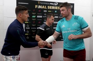 Captains Tommaso Allan and Peter O’Mahony at the coin toss.