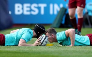 Tyler Bleyendaal and Chris Farrell during the warm-up.