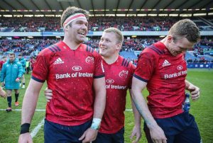 Billy Holland, John Ryan and Chris Farrell celebrate after the Champions Cup quarter-final win against Edinburgh.