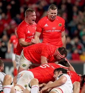 John Ryan, James Cronin, Jean Kleyn and Chris Farrell celebrate CJ Stander scoring the first try of the game.
