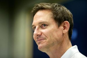 Senior coach Stephen Larkham speaking to the media.