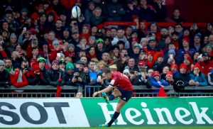 JJ Hanrahan kicks a touchline conversion against Racing 92.
